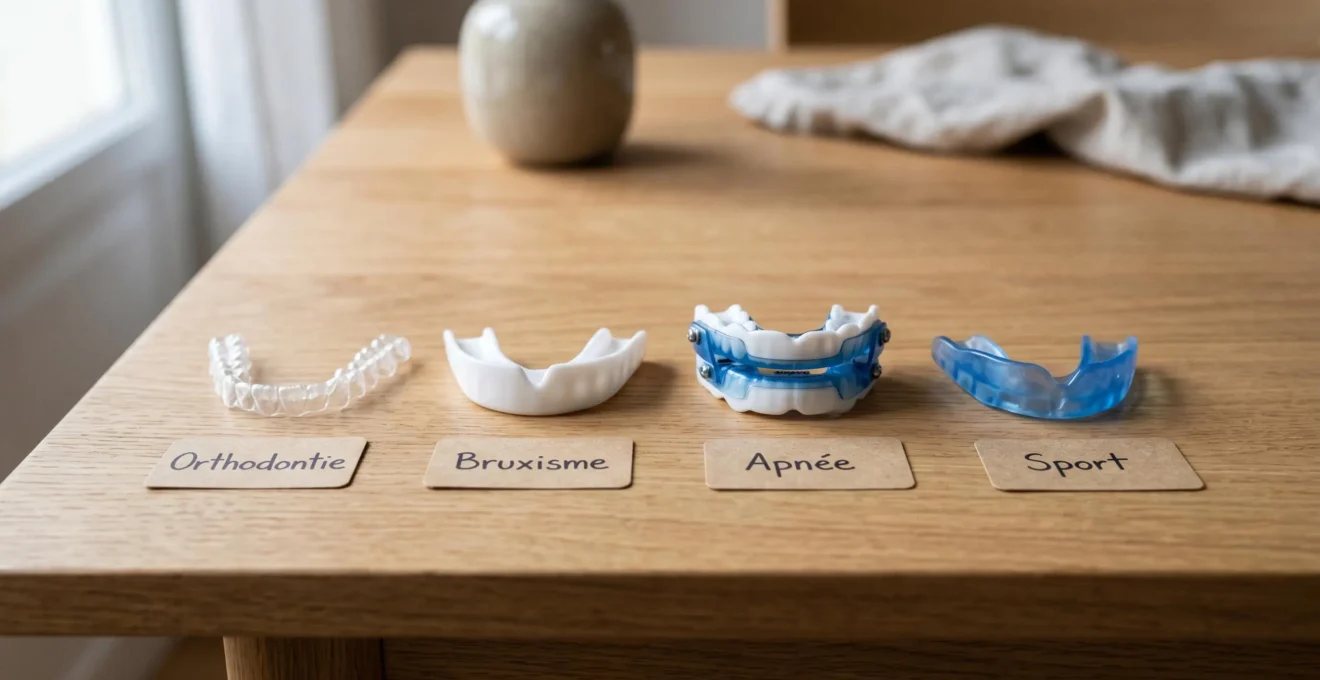Quatre types de gouttières dentaires alignées sur une table en bois clair avec des étiquettes indiquant leur usage : orthodontie, bruxisme, apnée et sport