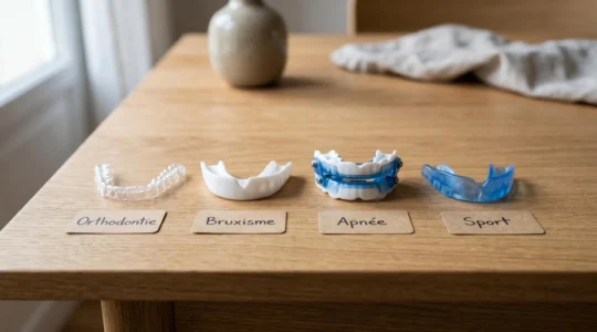 Quatre types de gouttières dentaires alignées sur une table en bois clair avec des étiquettes indiquant leur usage : orthodontie, bruxisme, apnée et sport