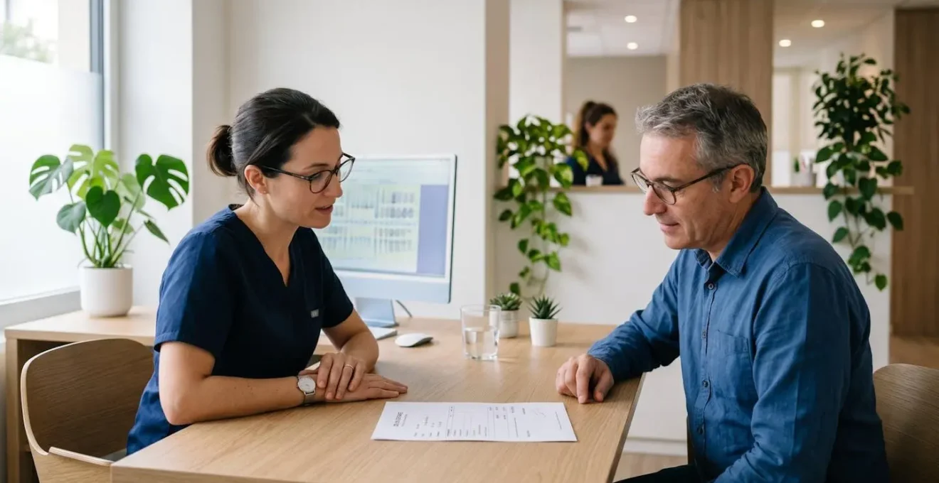 Chirurgien-dentiste expliquant un devis de prothèse dentaire à un patient lors d'une consultation au bureau