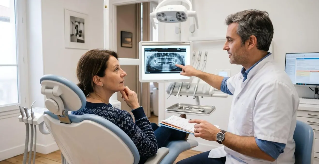 Chirurgien-dentiste montrant une radiographie panoramique dentaire à une patiente assise au fauteuil dans un cabinet dentaire moderne