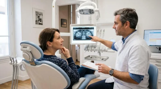 Chirurgien-dentiste montrant une radiographie panoramique dentaire à une patiente assise au fauteuil dans un cabinet dentaire moderne