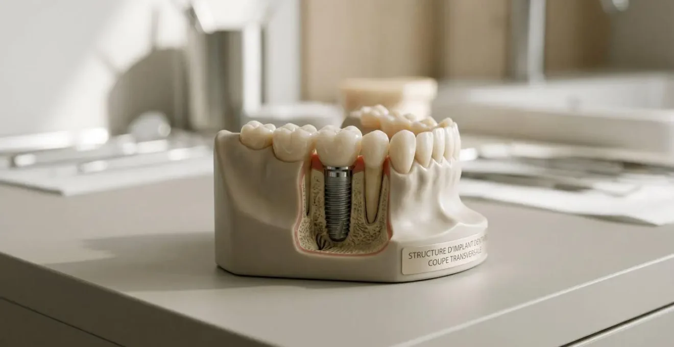 Modèle anatomique en coupe montrant un implant dentaire complet avec vis en titane ancrée dans l'os, pilier et couronne céramique